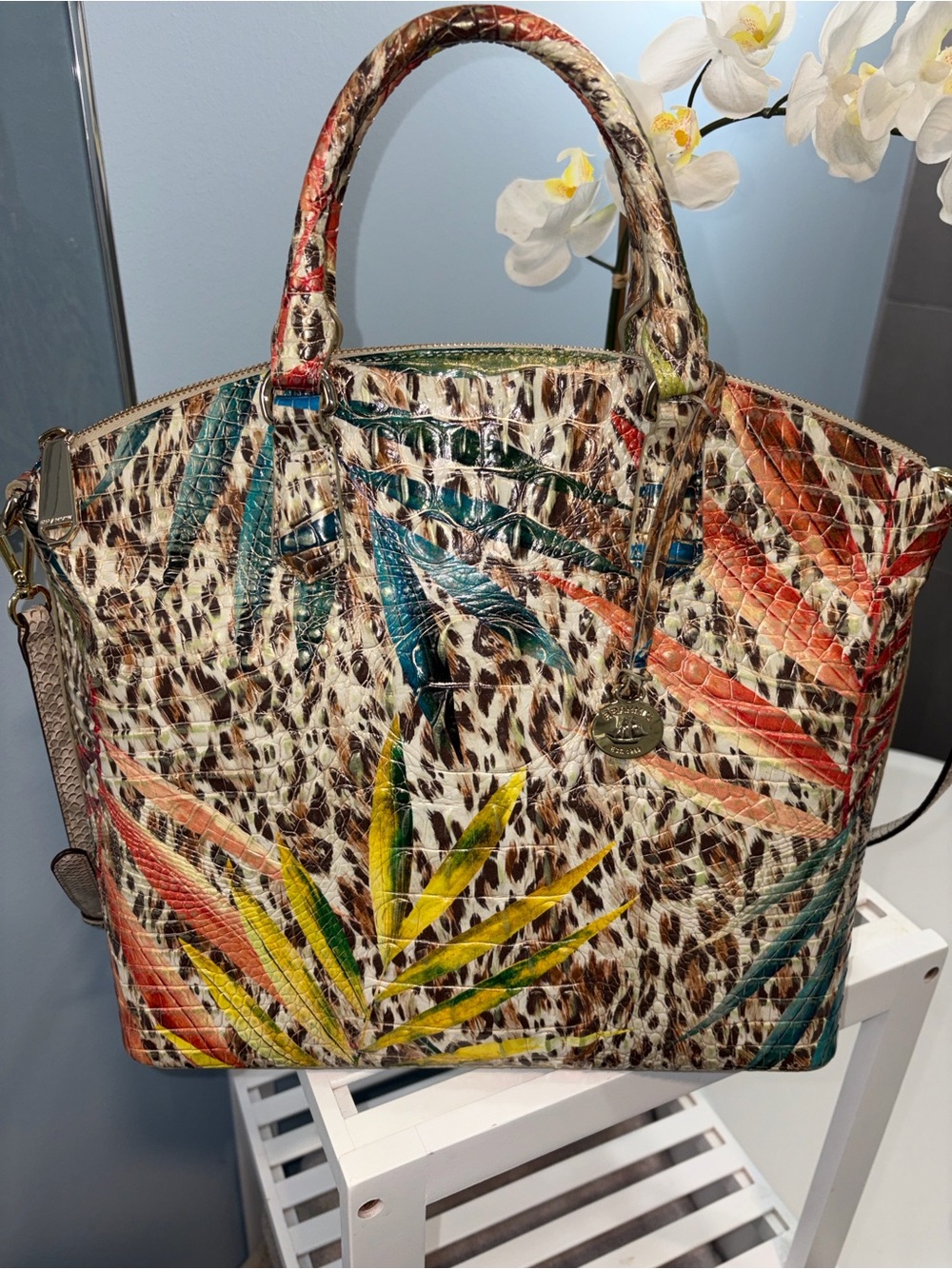 Brahmin Multicolor Tropical Leopard Print Satchel